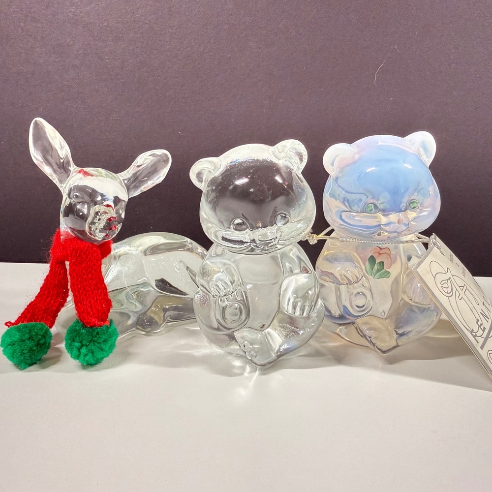 3 FENTON Art Glass Figurines Set Opalescent Hand Painted Bear Clear Deer Vintage